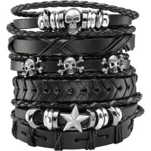 6 Pcs Leather Bracelet Braided Wide Wristband Women Men Punk Rock Jewelry